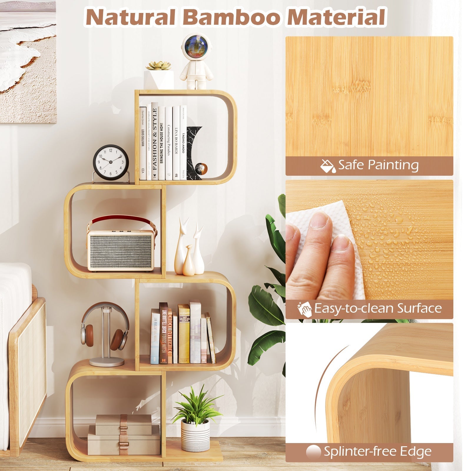 4-Tier S-Shaped Bamboo Bookcase with 4 Open Cubes for Living Room-Natural