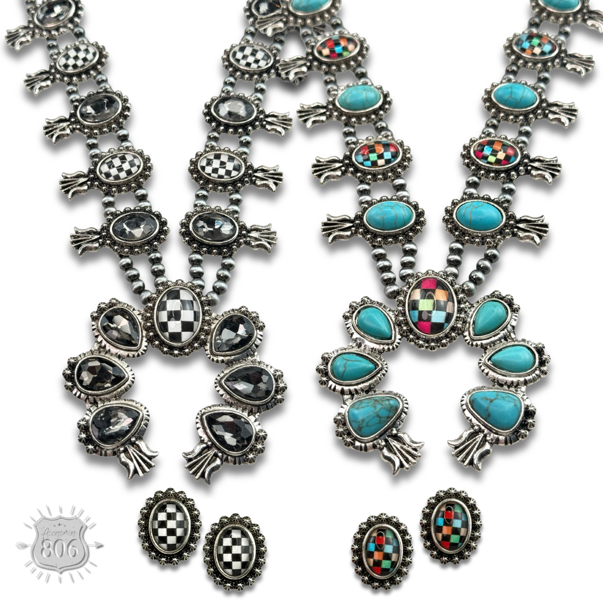 Checkerboard squash blossom necklace set