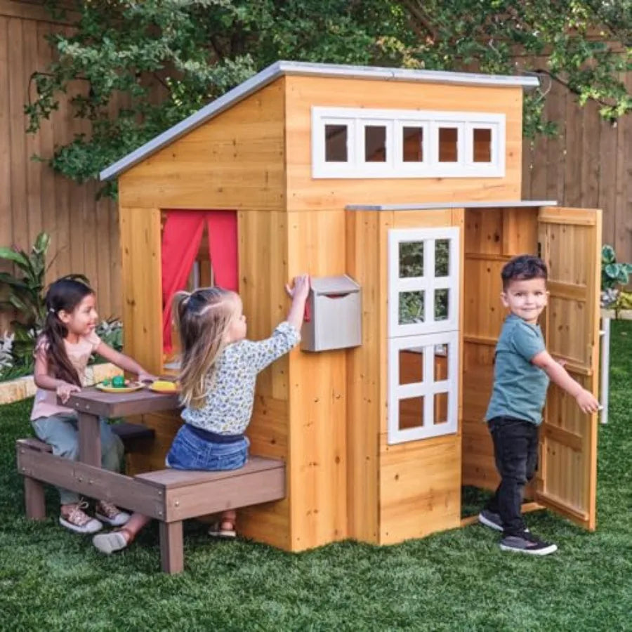 Outdoor Wooden Playhouse For Kids Ages 3 And Up With Picnic Table Mailbox Grill