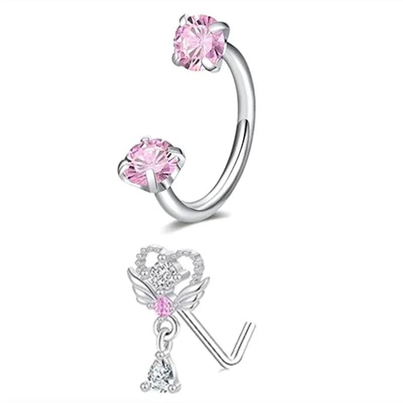 6/2pcs Horseshoe Nose Rings with L-Shape Nose Stud, Stainless Steel