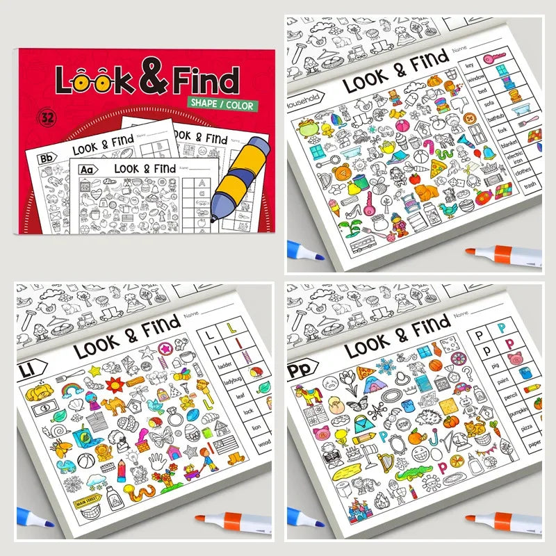 32 Pages Children's Hidden Object Coloring Book | Interactive Educational Matching Game