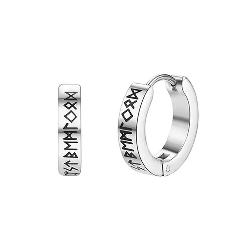 1Pair 12mm Norwegian Viking Rune Hoop Earrings | 316L Stainless Steel Huggie Hoop Earrings for Men and Women