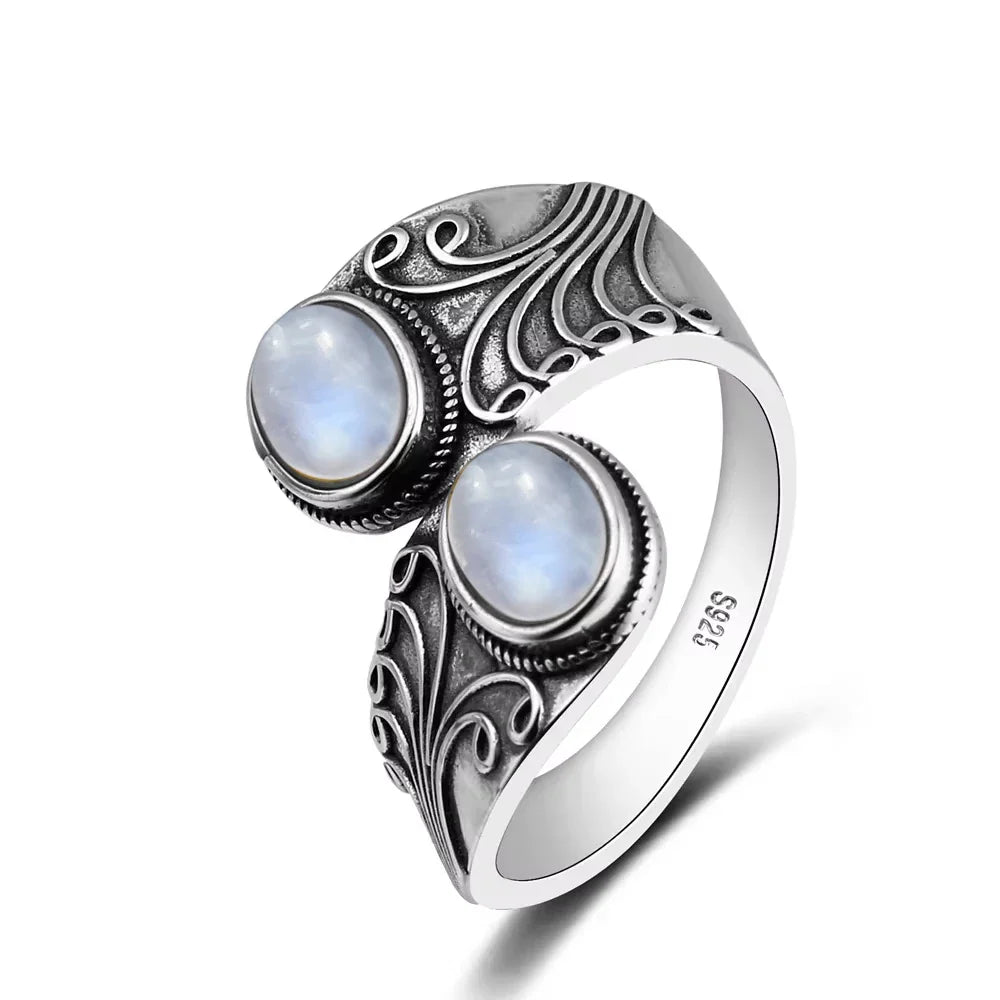 925 Vintage Silver Ring with Natural Moonstone 6*8mm Adjustable Rings