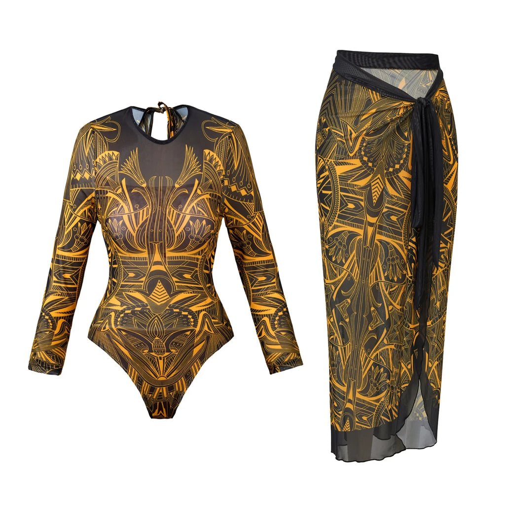 Vintage Blue Ethnic Print One Piece Swimsuit Mesh Long Skirt Set 2026 Women Long Sleeve Slim Fit Swimwear Summer Bathing Suits
