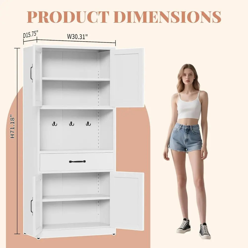 Metal Kitchen Pantry Cabinet With Large Countertop And Adjustable Shelves