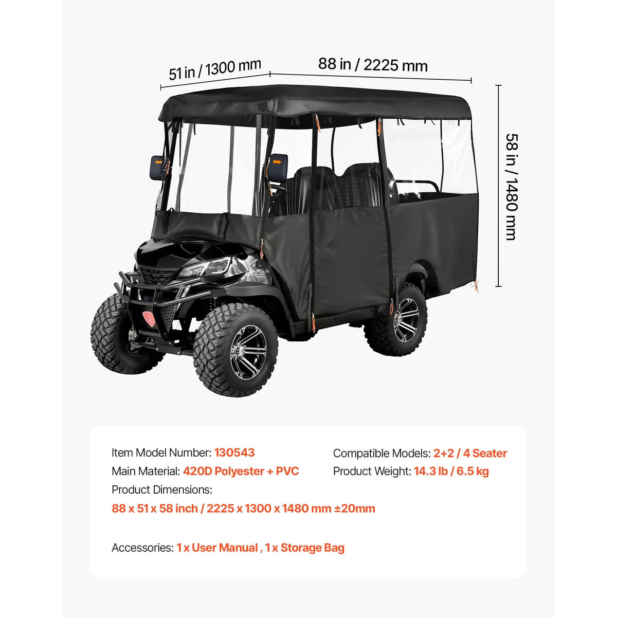 Golf Cart Enclosure for 4-Passenger Carts, Clear Windows
