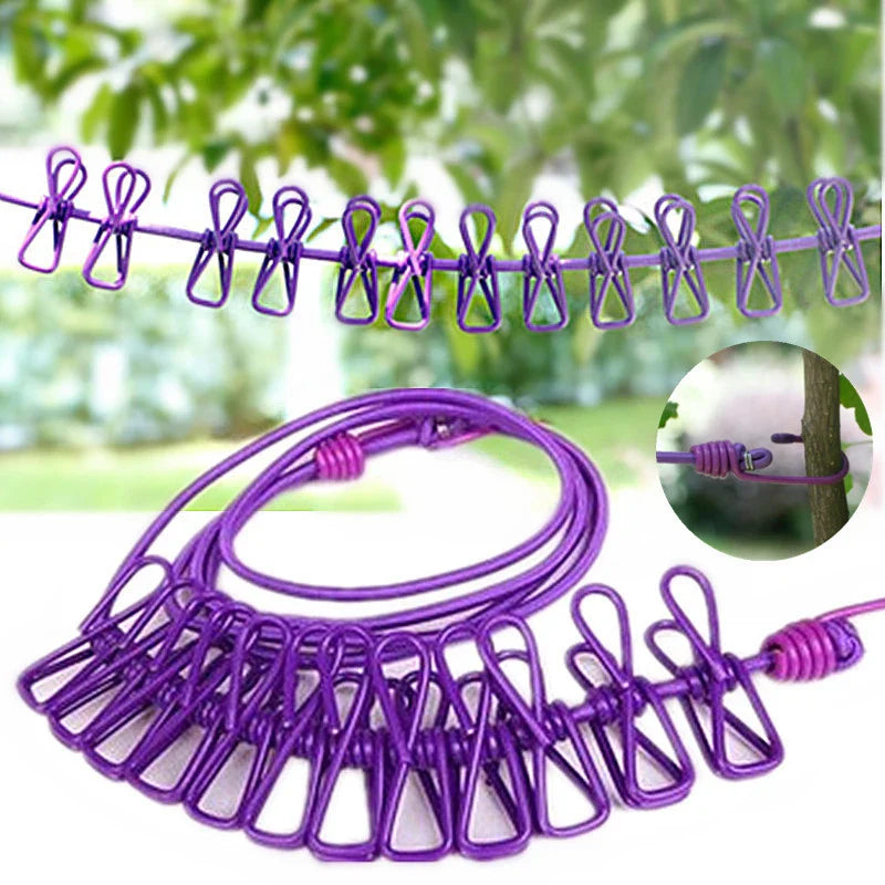 Portable Retractable Clothesline With 12 Clips For Outdoor Laundry Drying