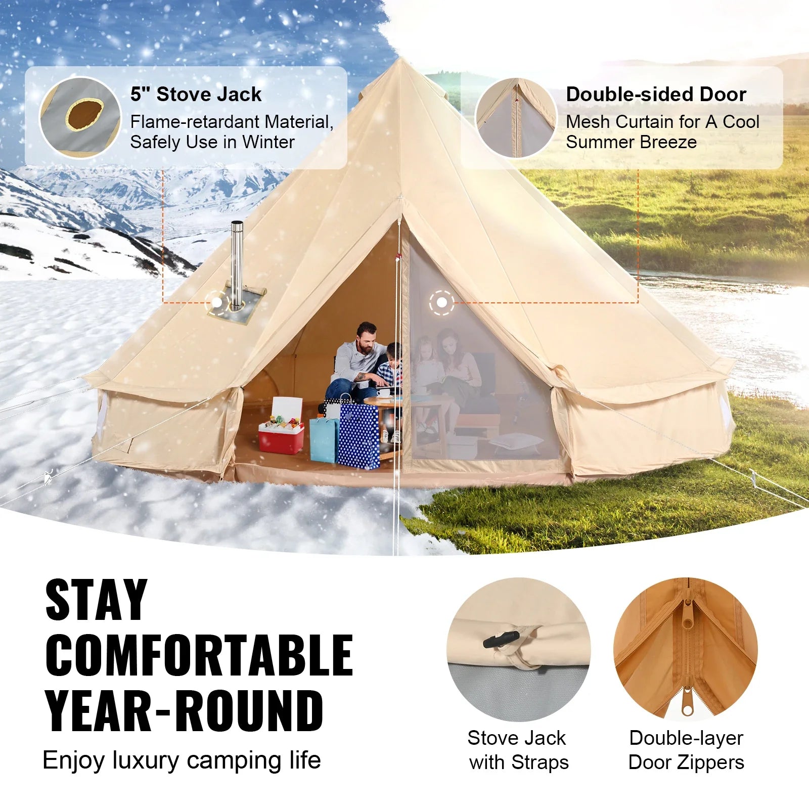 SucceBuy Canvas Bell Tent For Four Season Camping Yurt