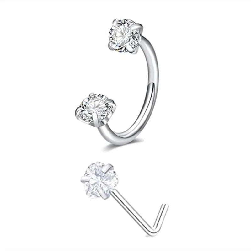 6/2pcs Horseshoe Nose Rings with L-Shape Nose Stud, Stainless Steel