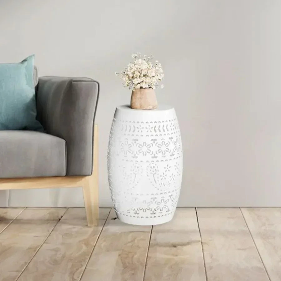 Steel Patio End Table Round Drum Accent For Indoor Outdoor