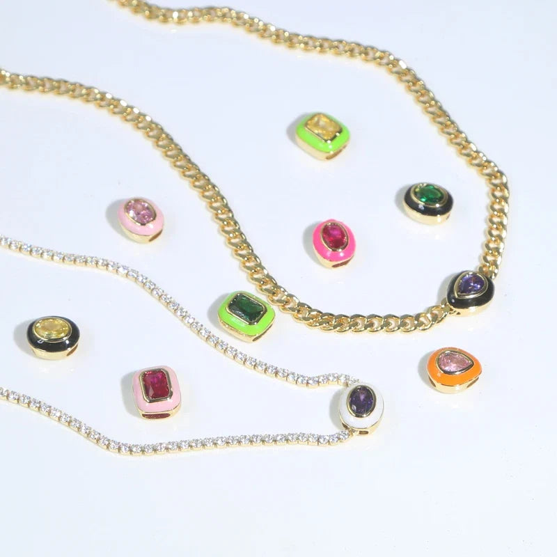Neon Enamel Pink Heart Rectangle Charm Necklace Bling Colorful CZ Geometric CZ Beaded Tennis Cuban Chain Fashion Women Jewelry