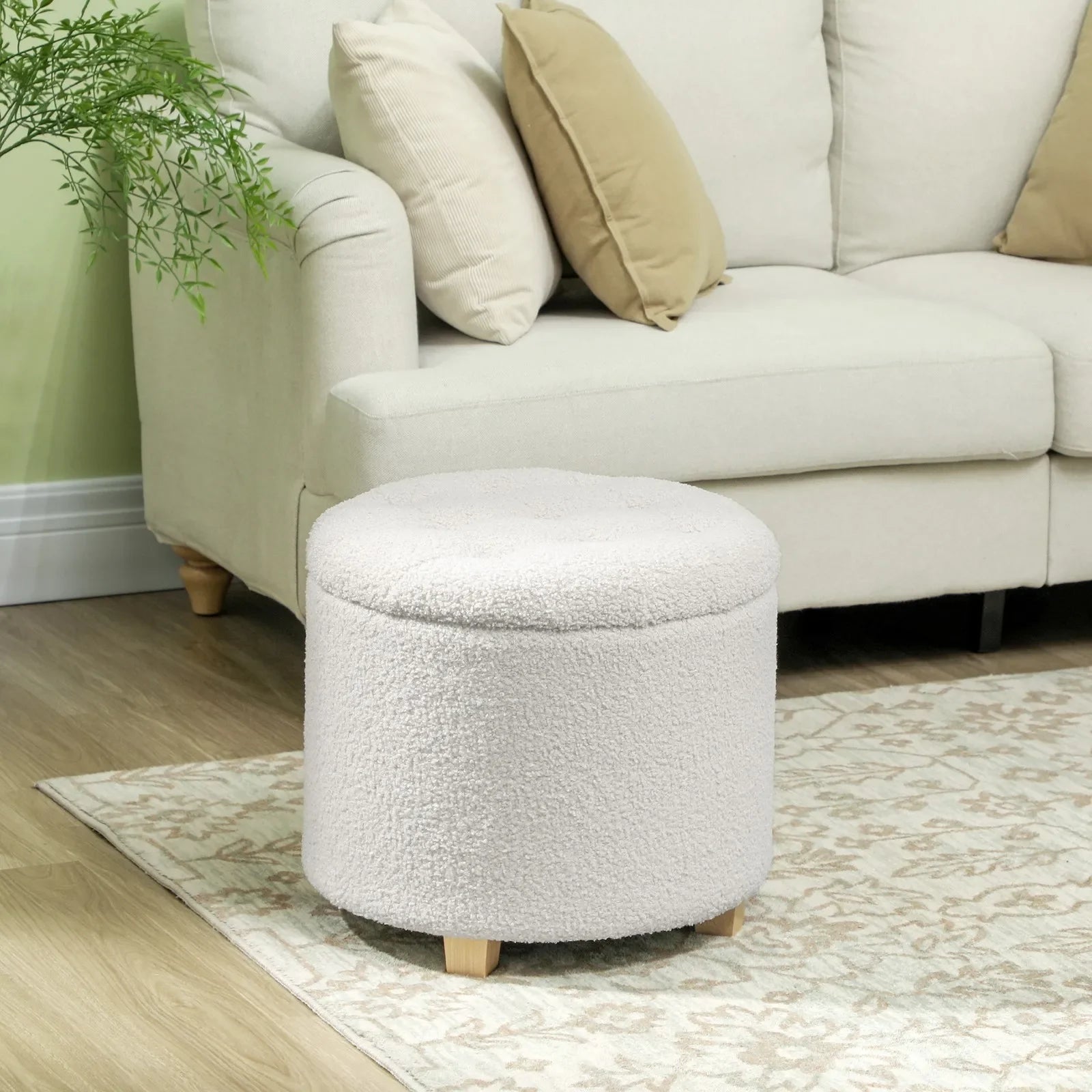 Round Ottoman With Storage Foam Cushioned Wood Legs
