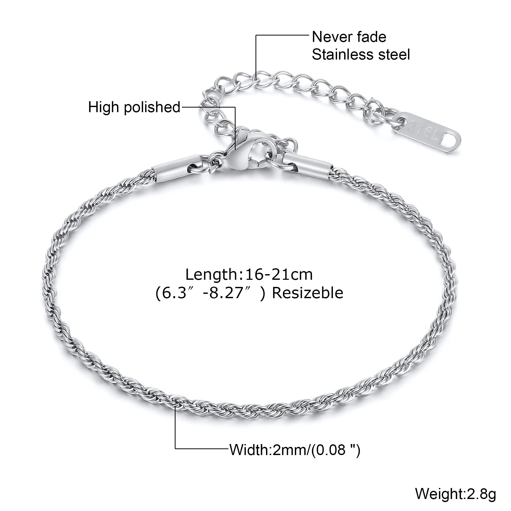 1/2/3pcs Chain Bracelet for, Stainless Steel Twisted Rope Cuban Chain