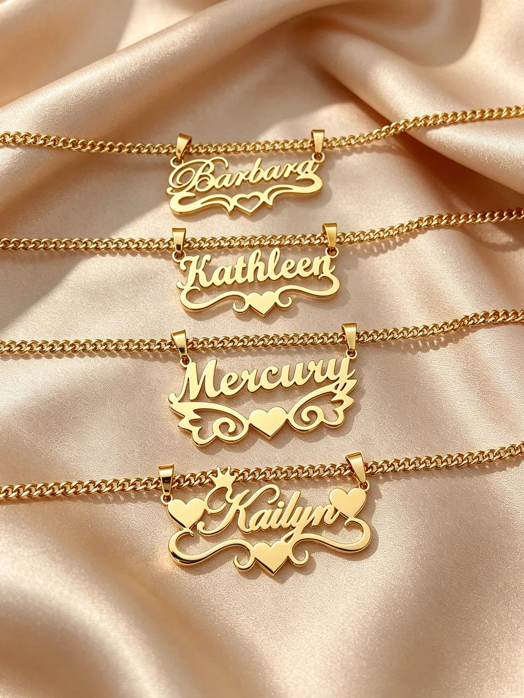 Personalized custom name jewelry necklace, featuring 5 different styles, crafted from 18k gold stainless steel, perfect for ever