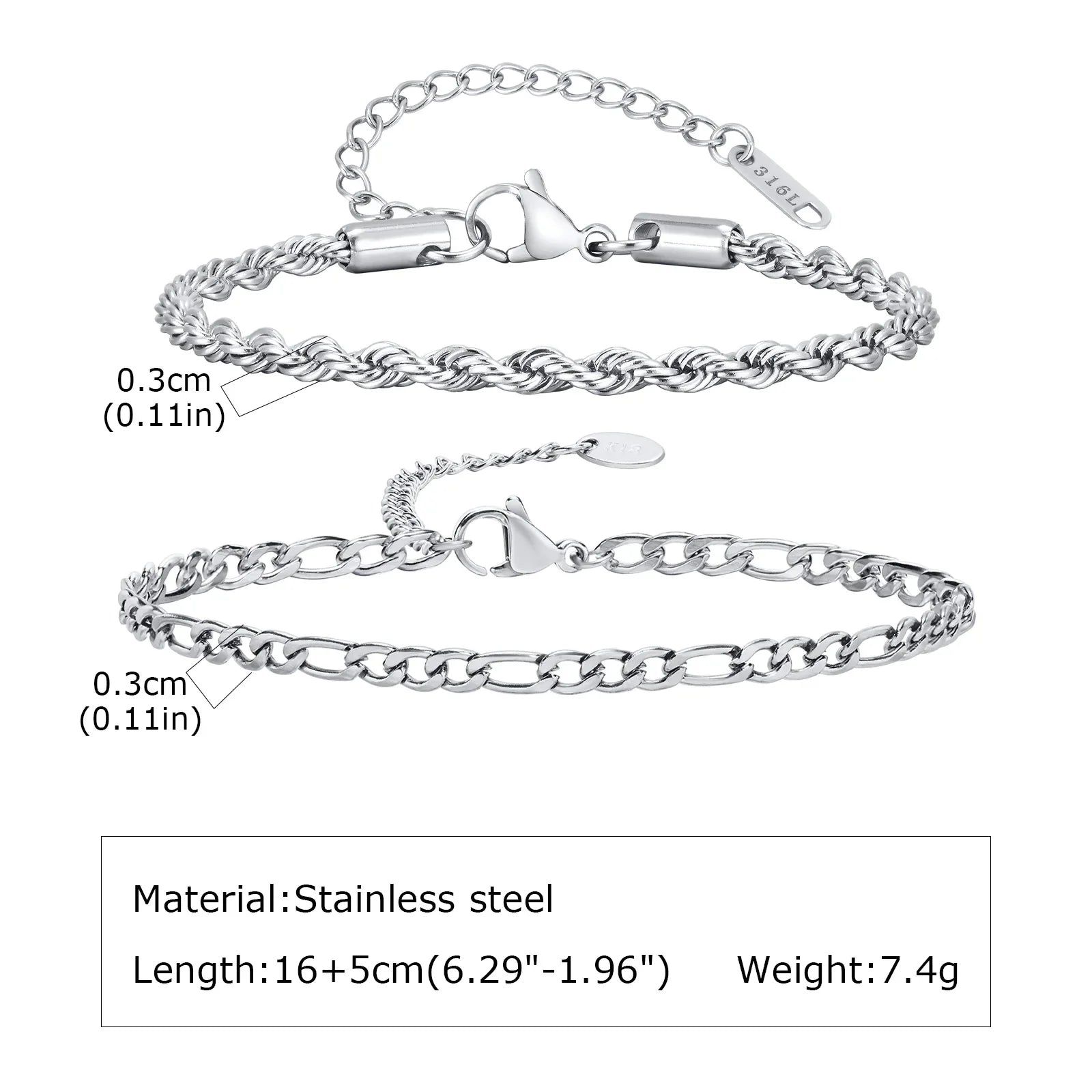 1/2/3pcs Chain Bracelet for, Stainless Steel Twisted Rope Cuban Chain