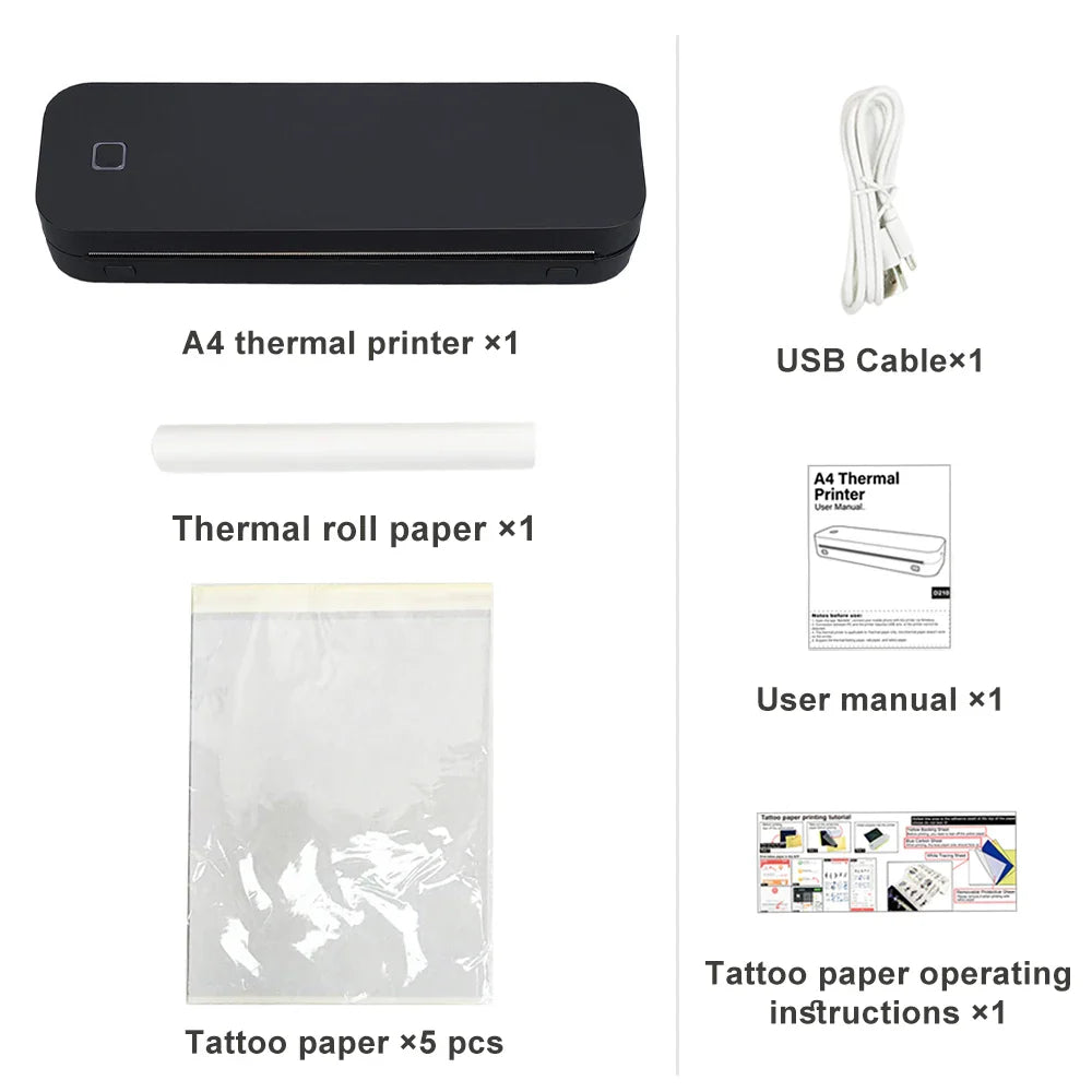 Portable A4 Thermal Printer Document Tattoo Printer Bluetooth Wireless Mini Printer Notes lmage Photo Printing Machine A4 Paper