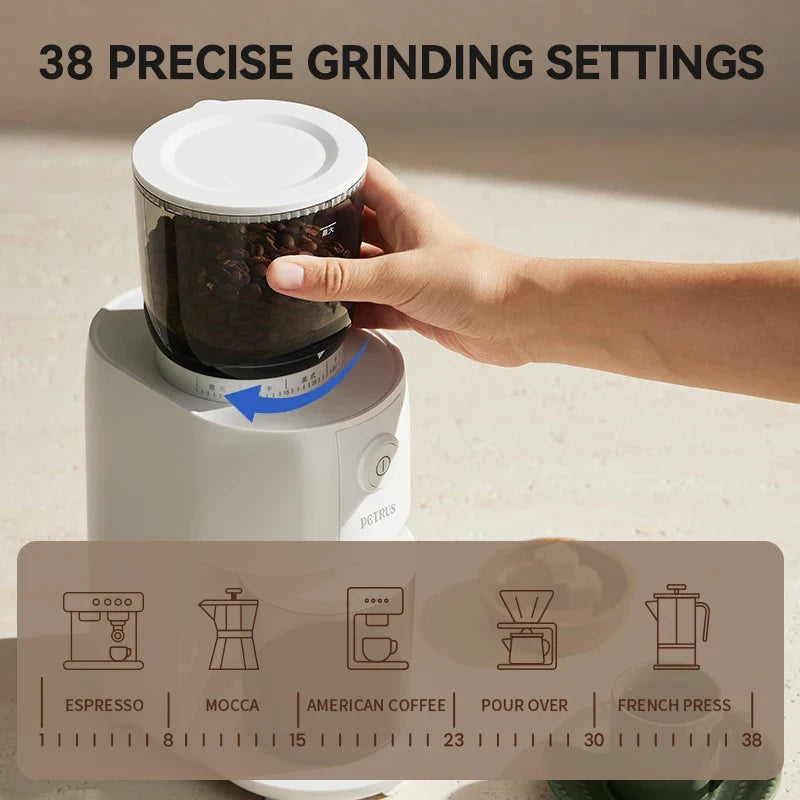 Petrus Coffee Grinder With 38 Precise Settings Conical Burr Grinder For Espresso/Drip/Pour Over/Cold Brew/French Press PE3700