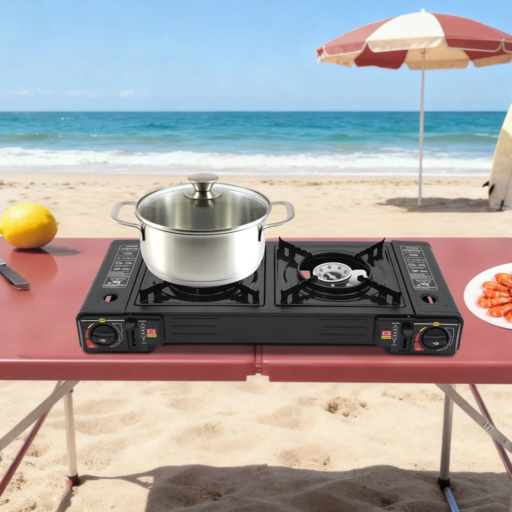 2 Burner Stove With Piezo Ignition Baking Tray Carrying Case