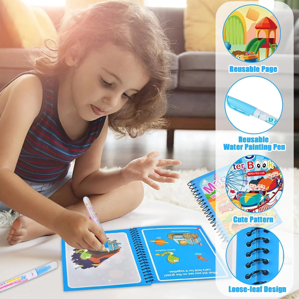 Kids Reusable Water Drawing Book | Mess-Free Magic Painting Pad with Water Pen for Toddlers