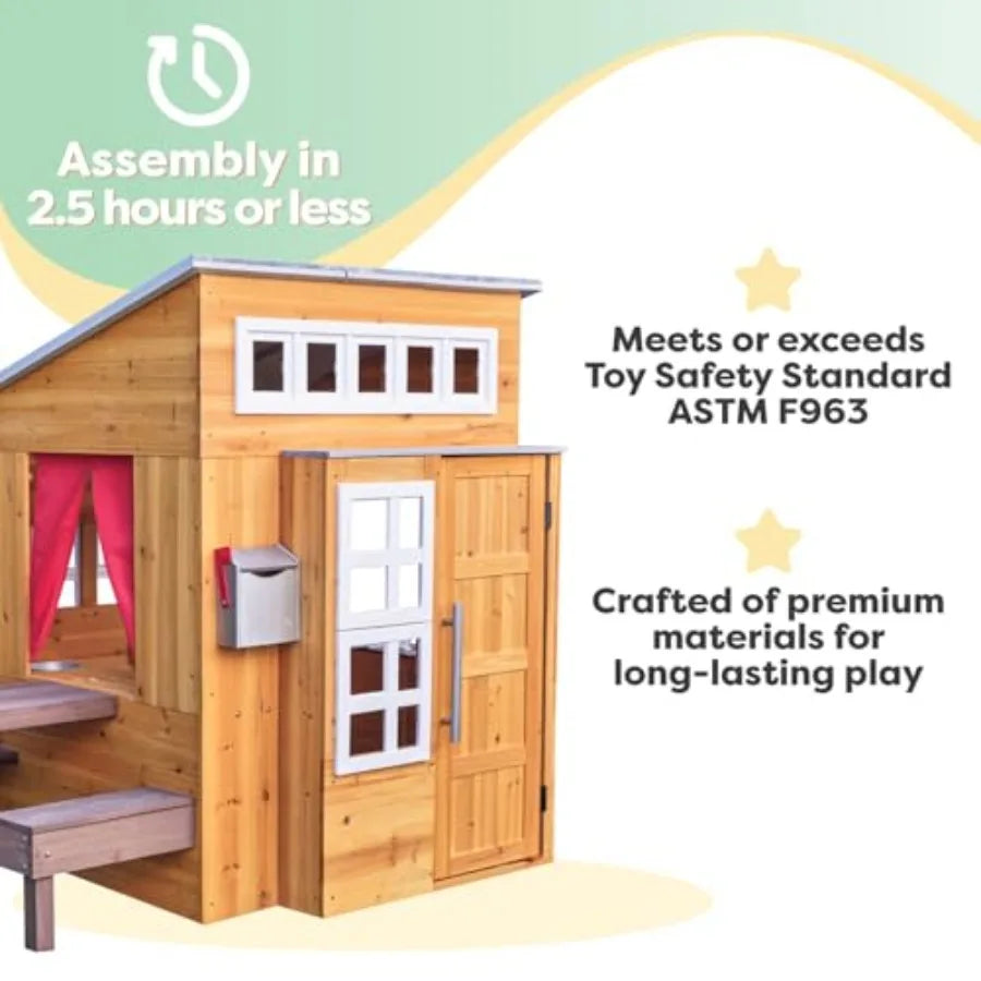 Outdoor Wooden Playhouse For Kids Ages 3 And Up With Picnic Table Mailbox Grill