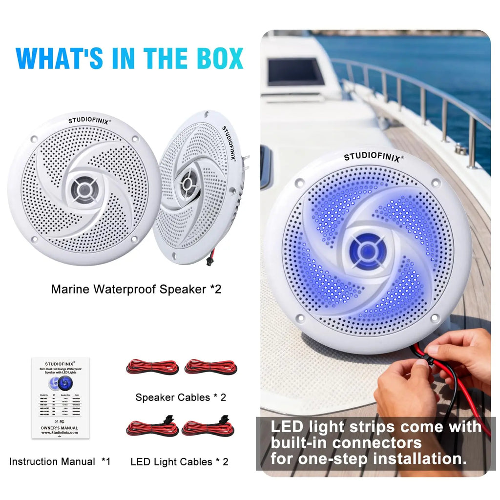 6.5 in LED Marine Speakers for Golf Carts, Low-Profile, Pair