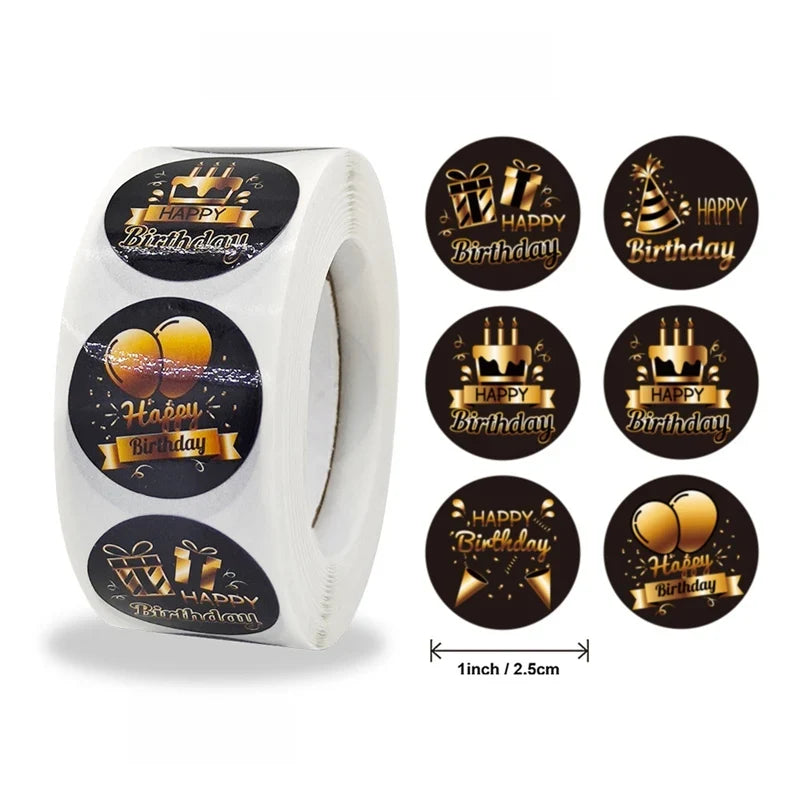 100-500pcs Black Gold Happy Birthday Stickers | Round Party Stickers for Gift Bags and Cards