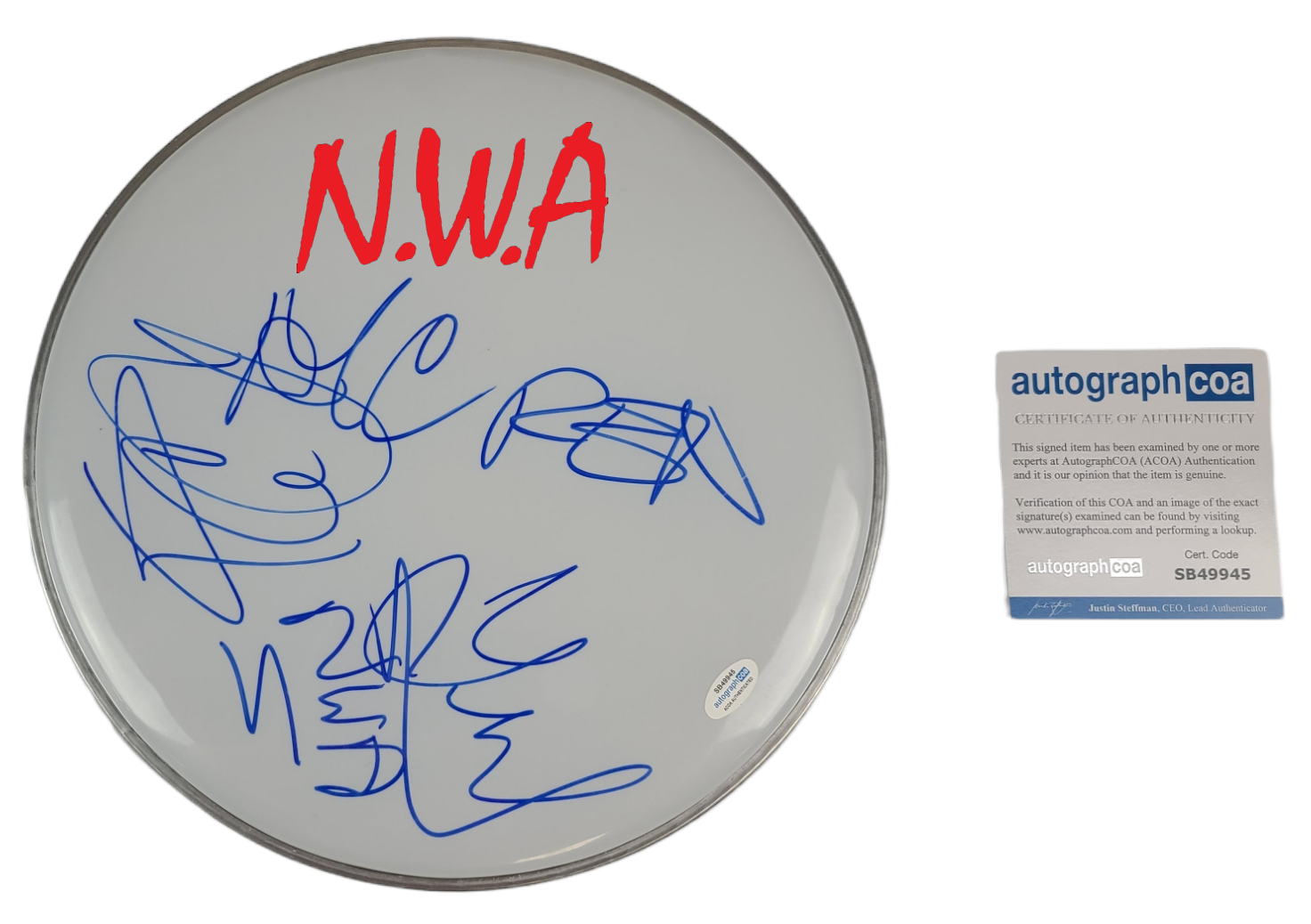 NWA N.W.A. Ice Cube DJ Yella MC Ren Autographed DrumHead Drum Head Display ACOA