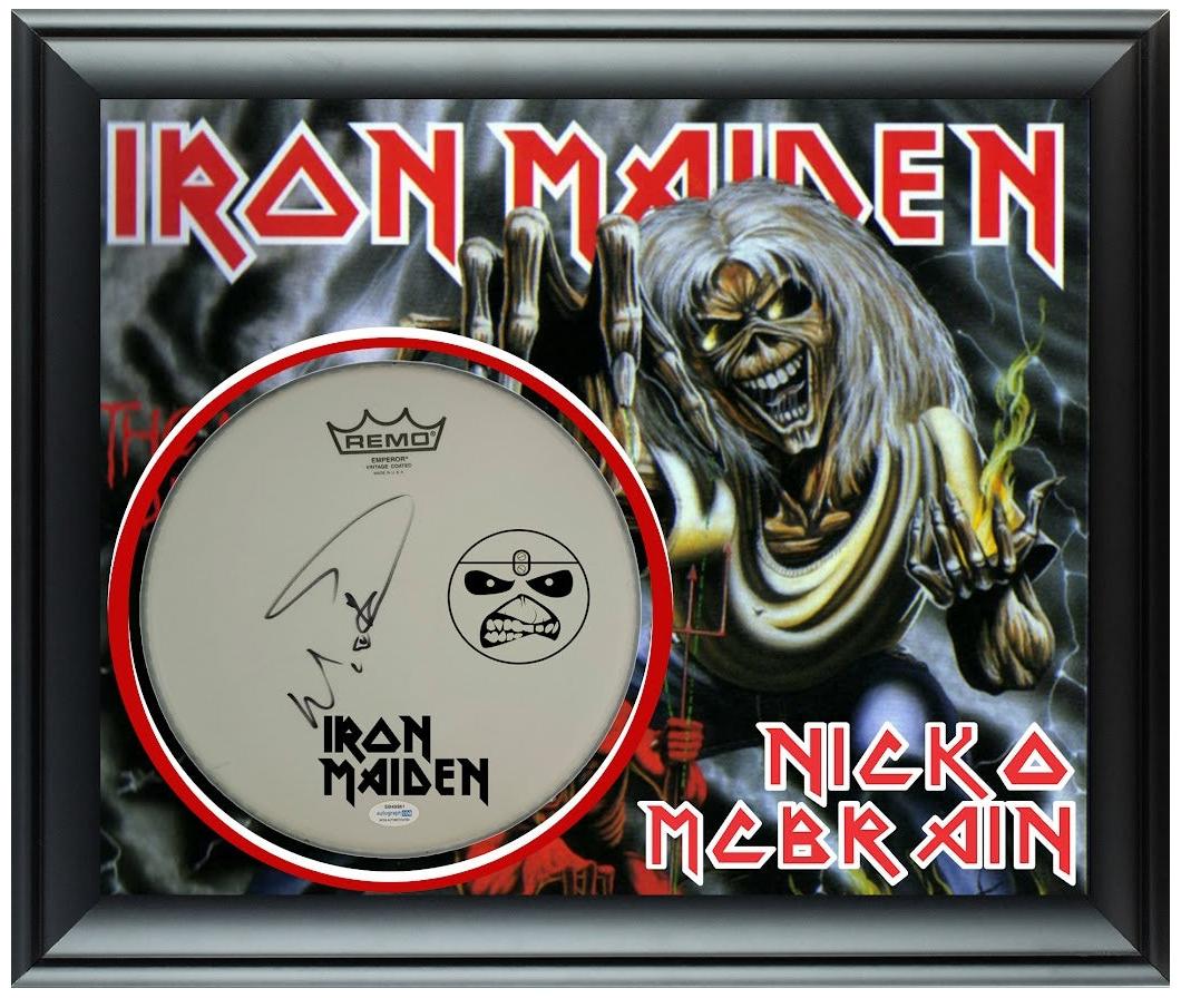 Iron Maiden Nicko McBrain Autographed Custom Framed Drum Head Drumhead Display ACOA