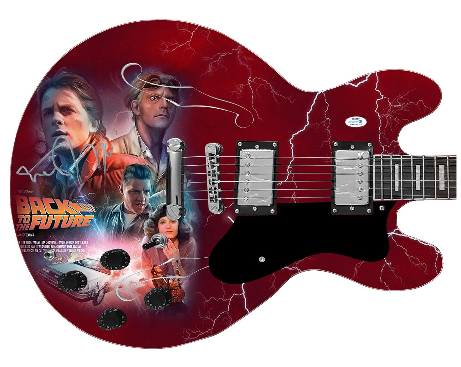 Michael J. Fox Signed Back To The Future Photo Graphics Guitar ACOA
