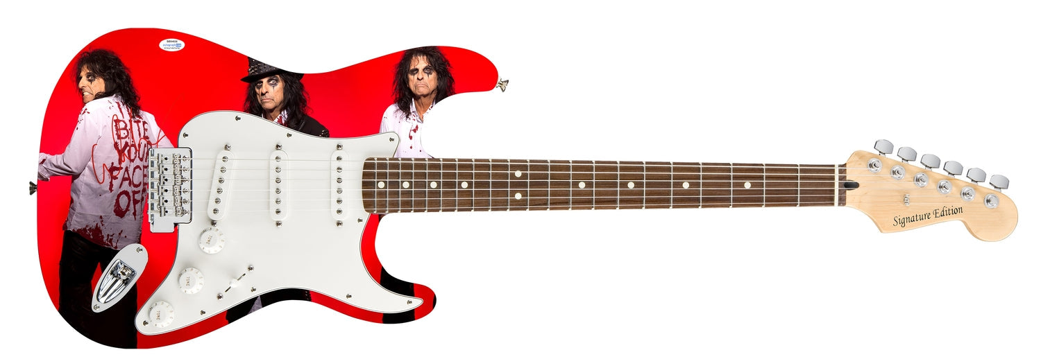Alice Cooper Signed 3x Bloody Photo Graphics Strat Guitar ACOA