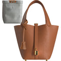 Leather Bucket Bag with Drawstring Pouch – Leather Satchel, Everyday Handbag with Mini Lock Design