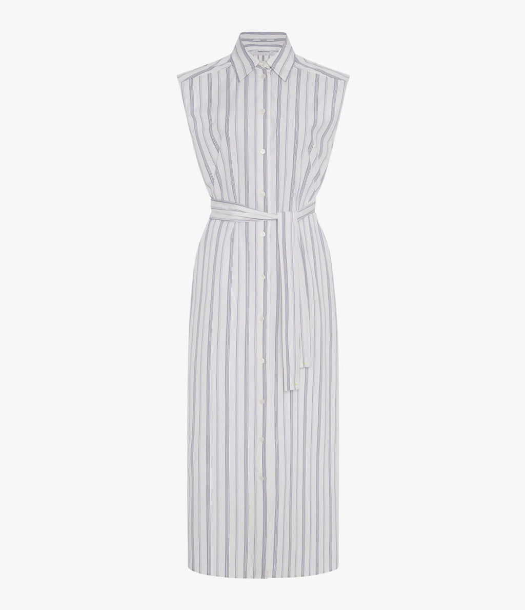 Sleeveless Pleat Back Tie Dress | White/Navy Stripe