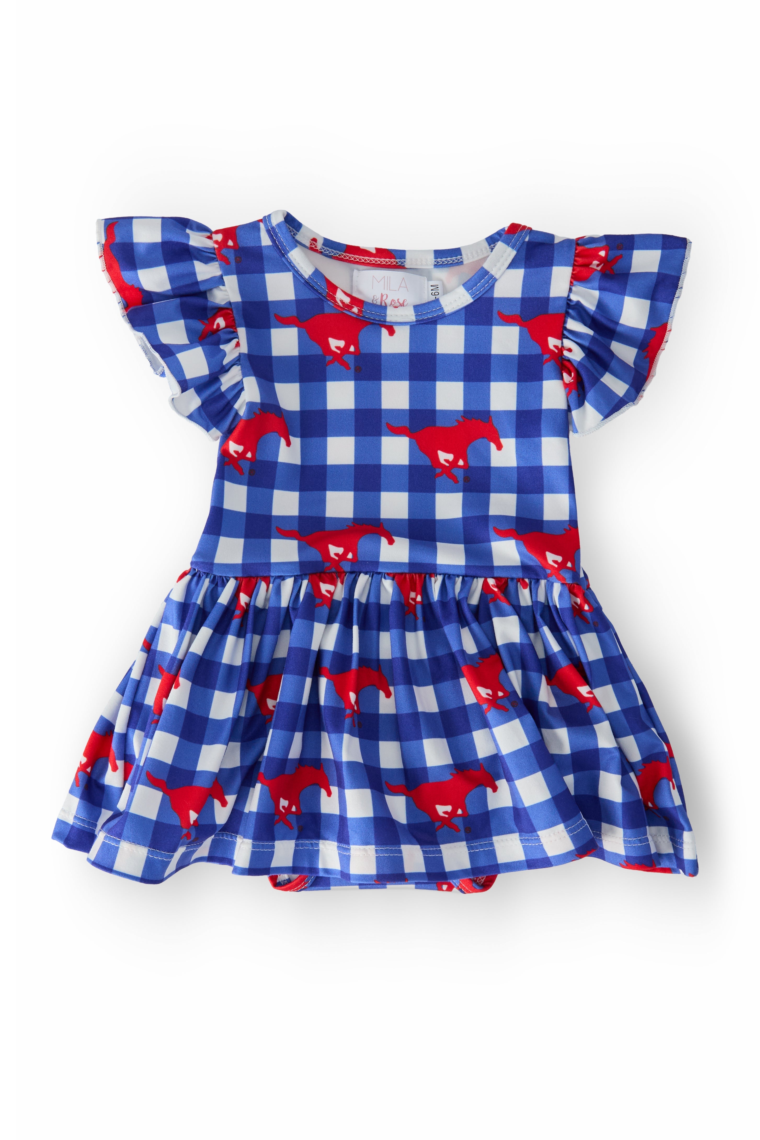 SMU Plaid Mustang S/S Flutter Twirl Bodysuit