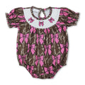Short sleeves bow smocked camo baby girls romper
