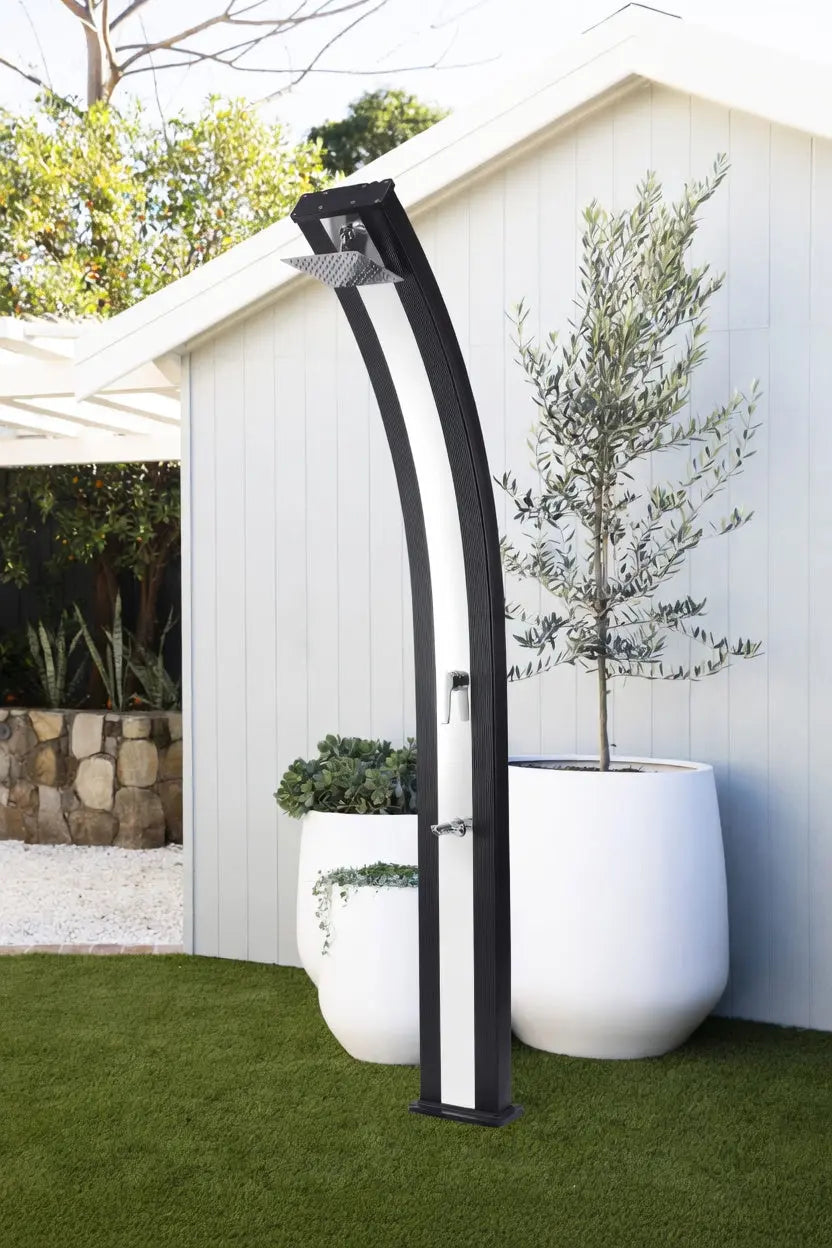 Sunneday SS0970 Outdoor Shower – 9 Gallon Solar Heated Shower with Adjustable Temperature Control, Self-De-Scaling Shower Head & Cold Water Faucet – Ideal for Camping, Poolside, and Beach Use – Black