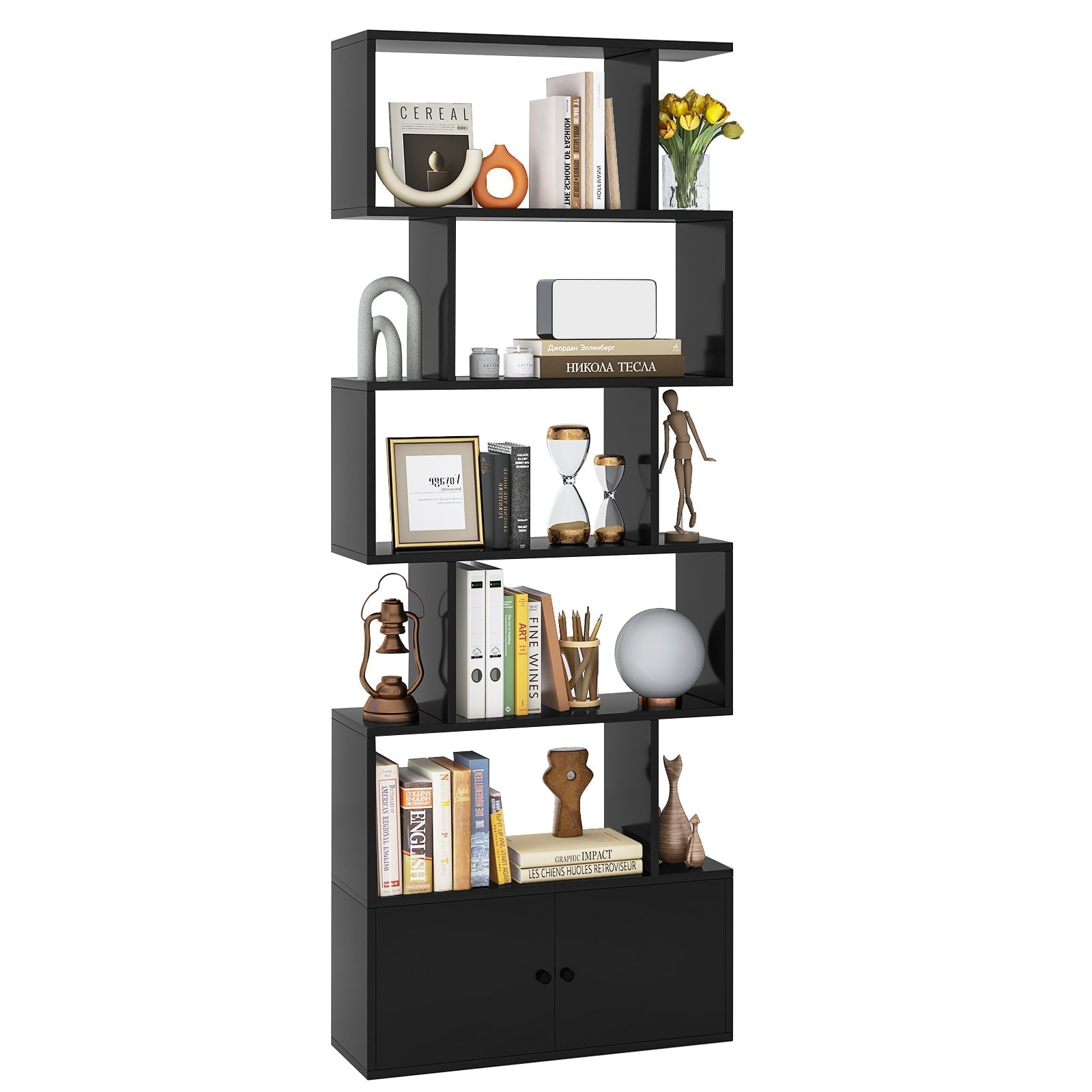 6-Tier S-Shaped Freestanding Bookshelf with Cabinet and Doors