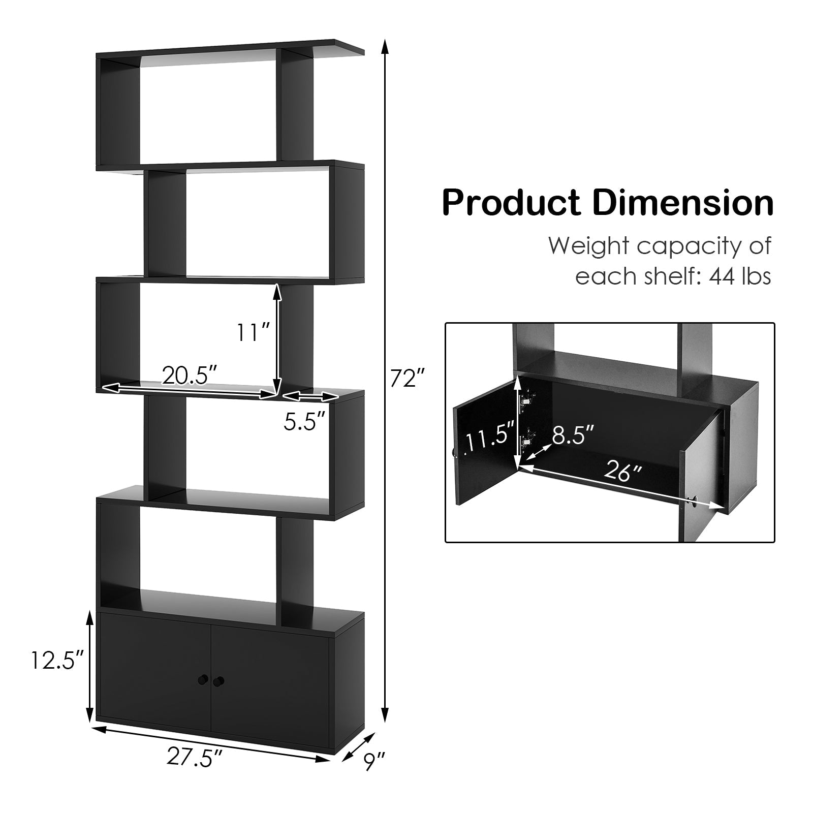 6-Tier S-Shaped Freestanding Bookshelf with Cabinet and Doors