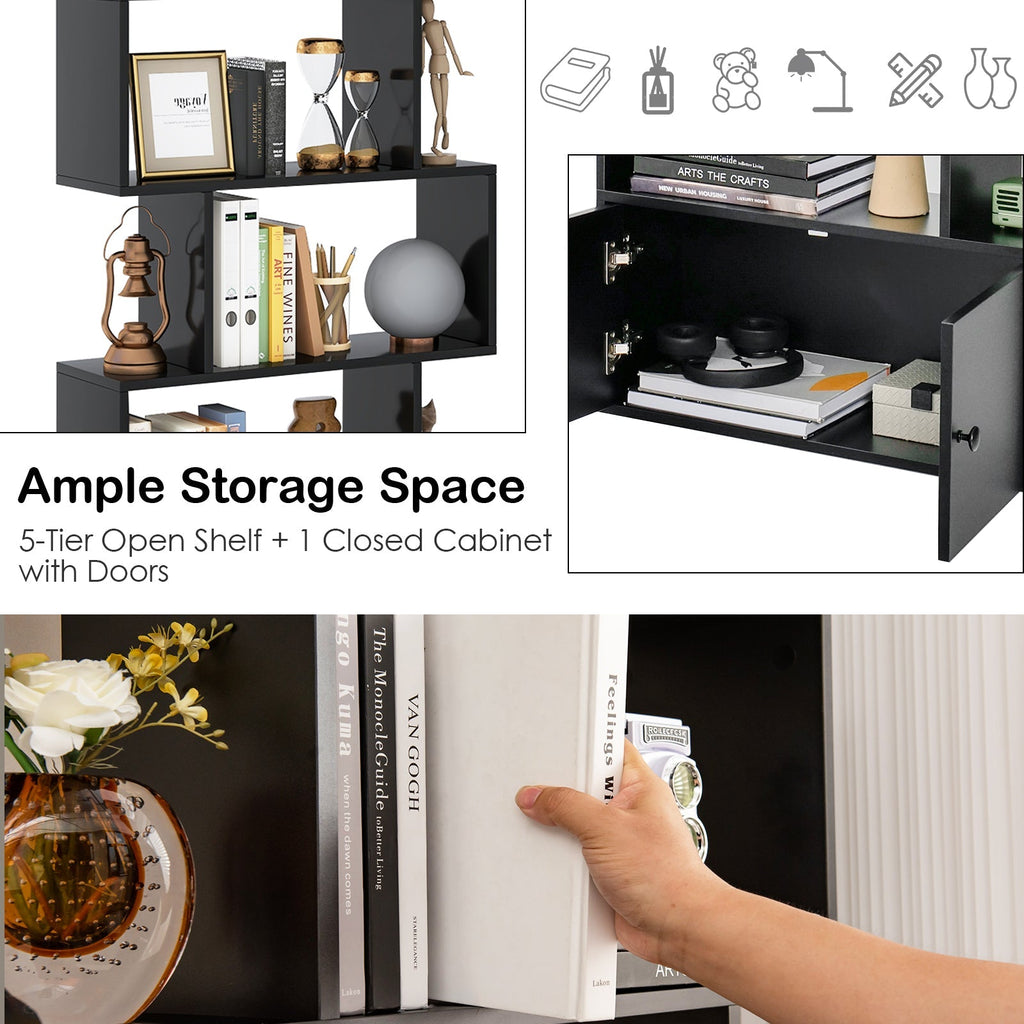 6-Tier S-Shaped Freestanding Bookshelf with Cabinet and Doors