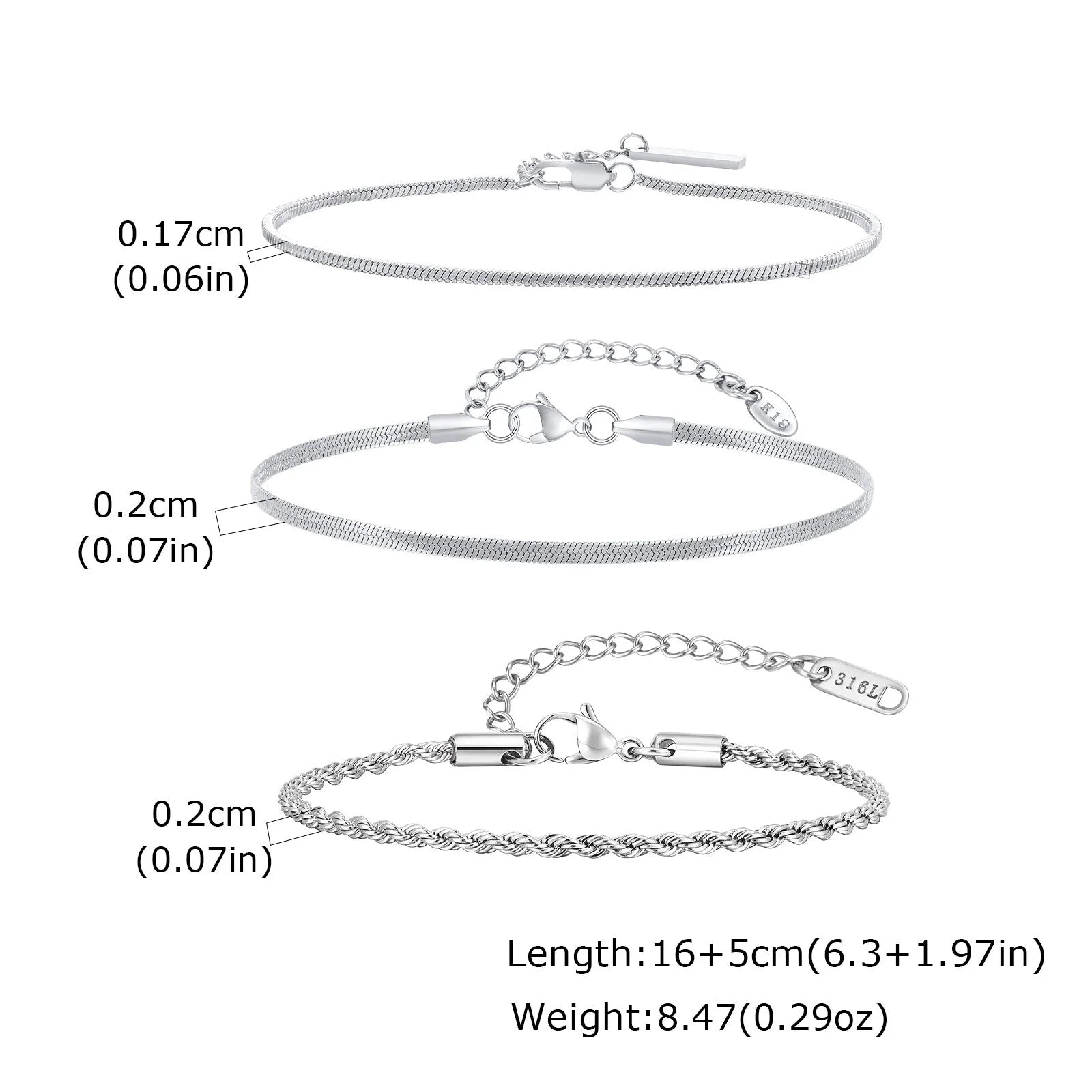 1/2/3pcs Chain Bracelet for, Stainless Steel Twisted Rope Cuban Chain