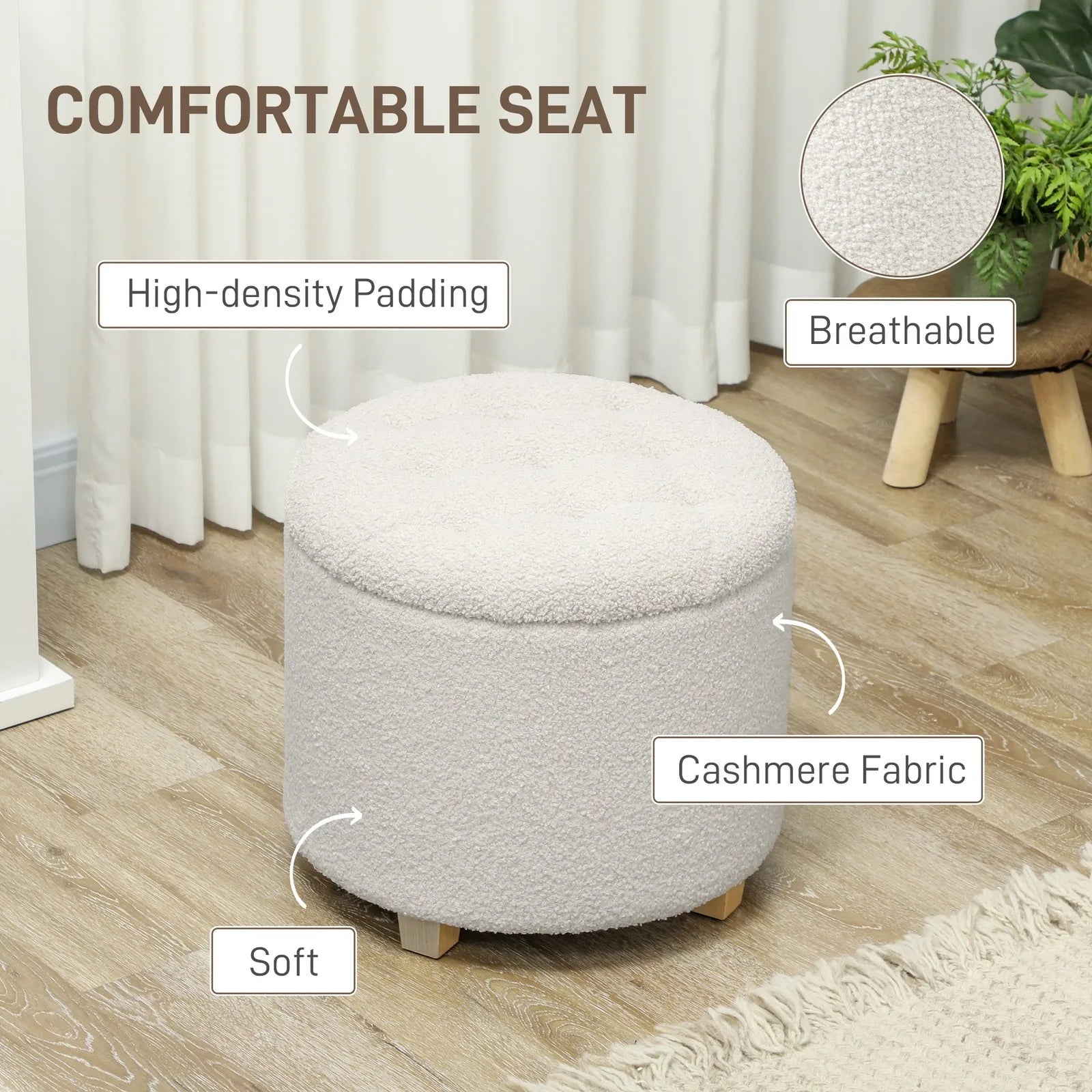Round Ottoman With Storage Foam Cushioned Wood Legs