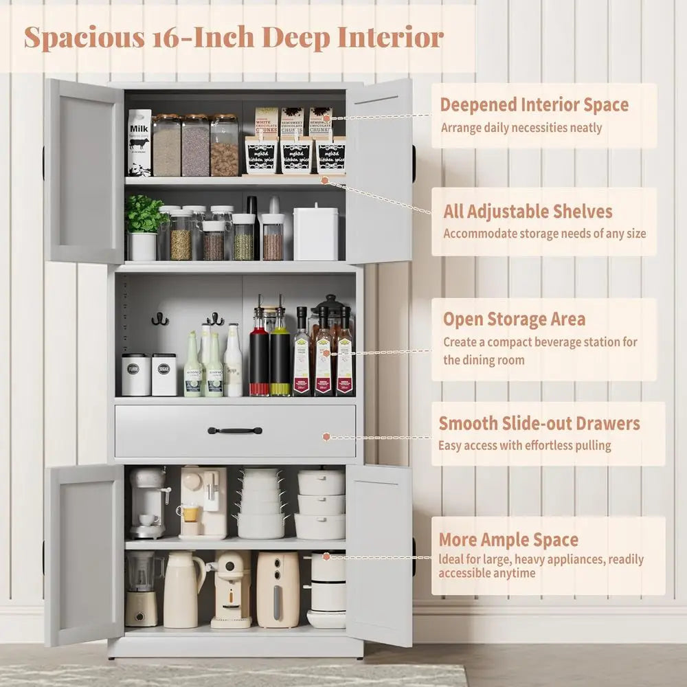 Metal Kitchen Pantry Cabinet With Large Countertop And Adjustable Shelves