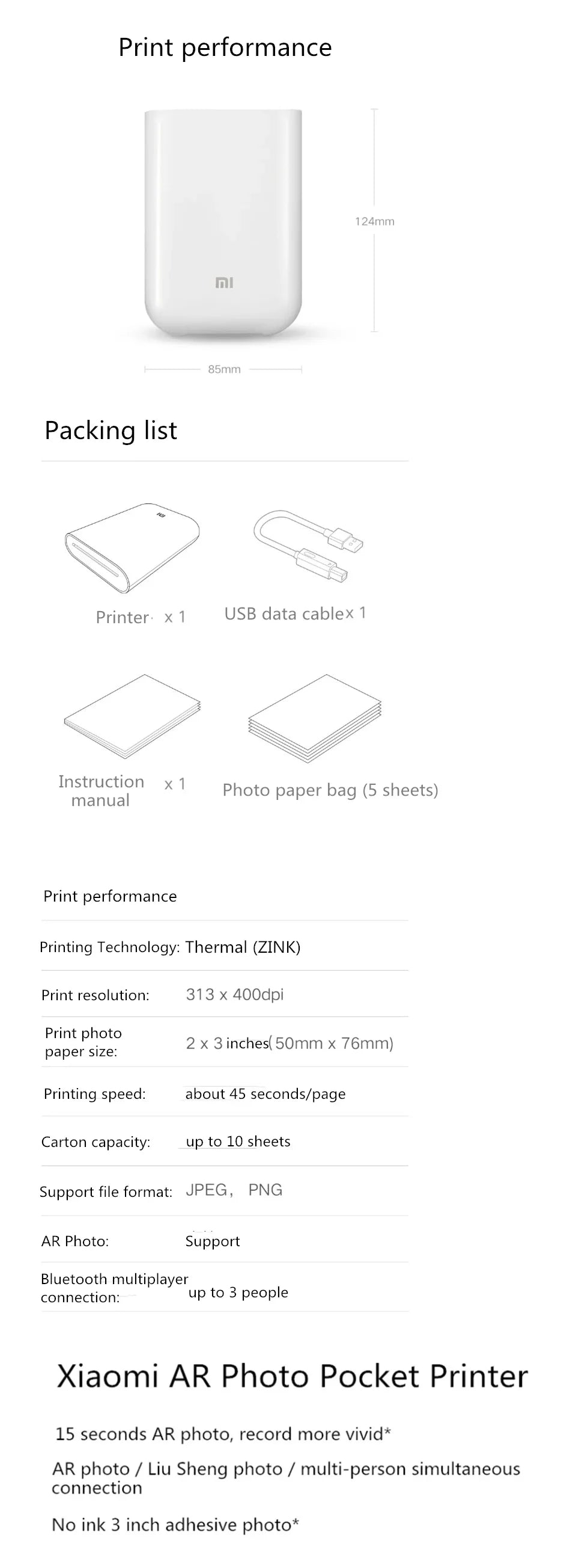 Xiaomi AR Printer 300dpi Portable Photo Mini Pocket With DIY Share 500mAh Picture Printer Pocket Printer Work With Mihome APP