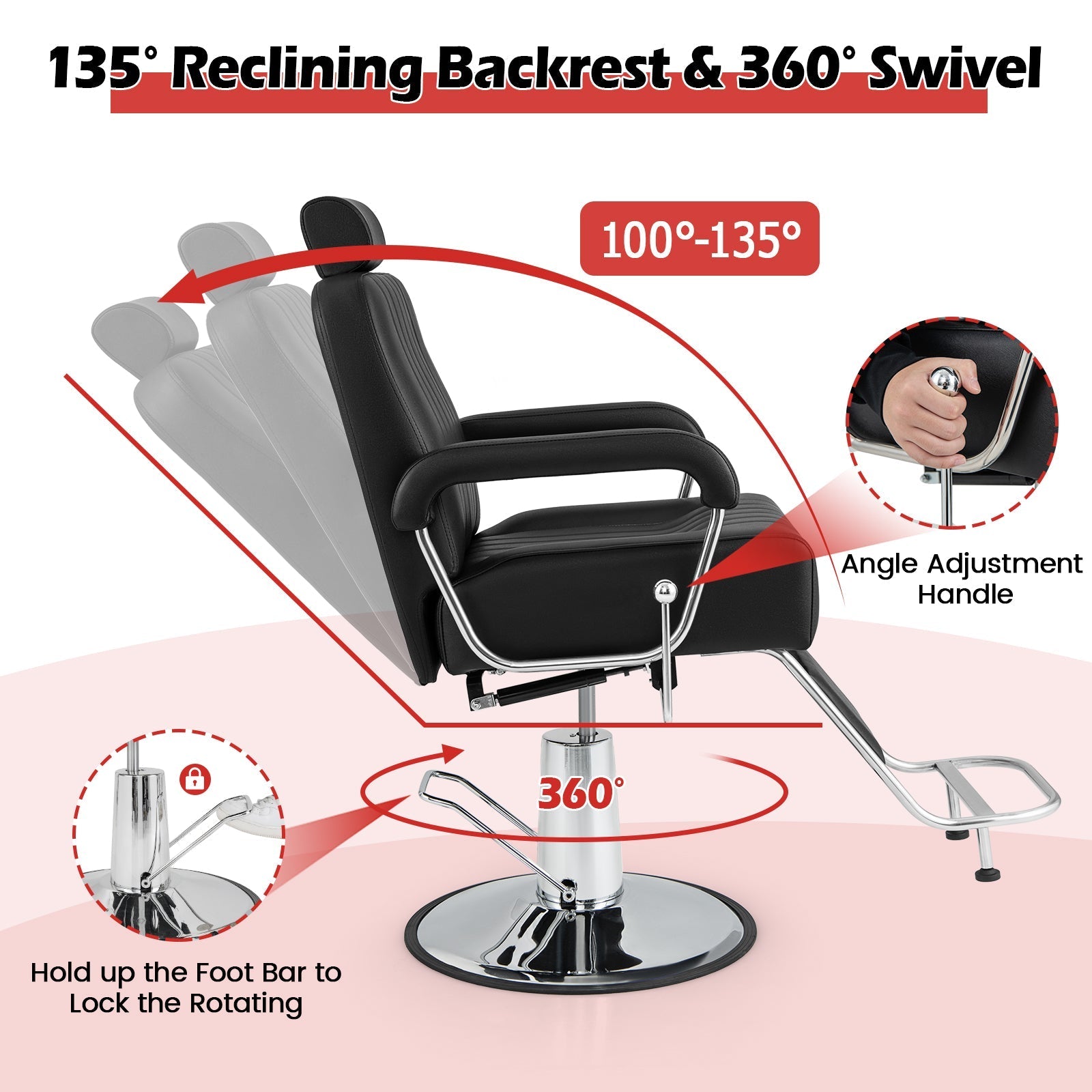 360 Degrees Swivel Salon Hydraulic Barber Chair with Adjustable Headrest and Reclining Backrest-Black