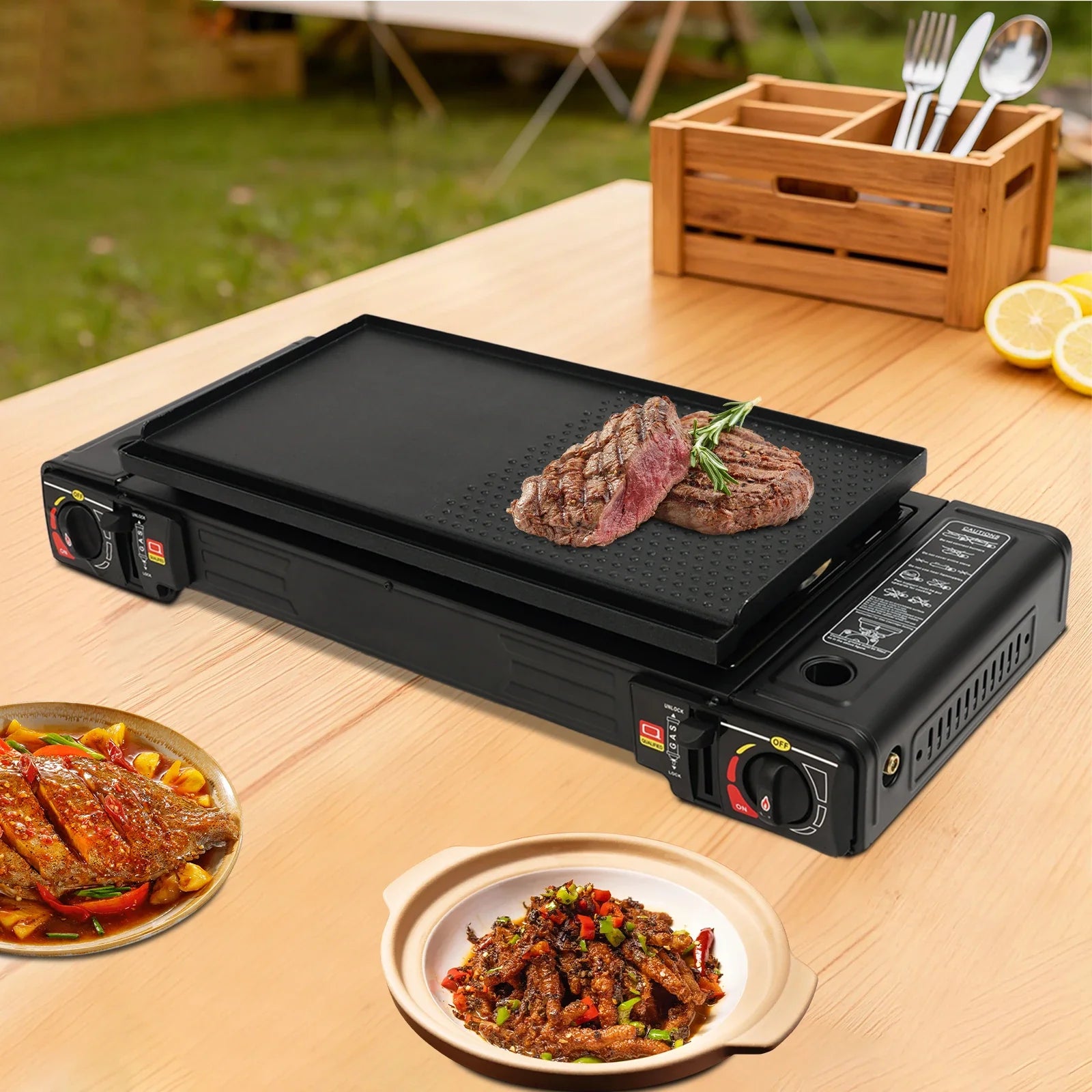 2 Burner Stove With Piezo Ignition Baking Tray Carrying Case