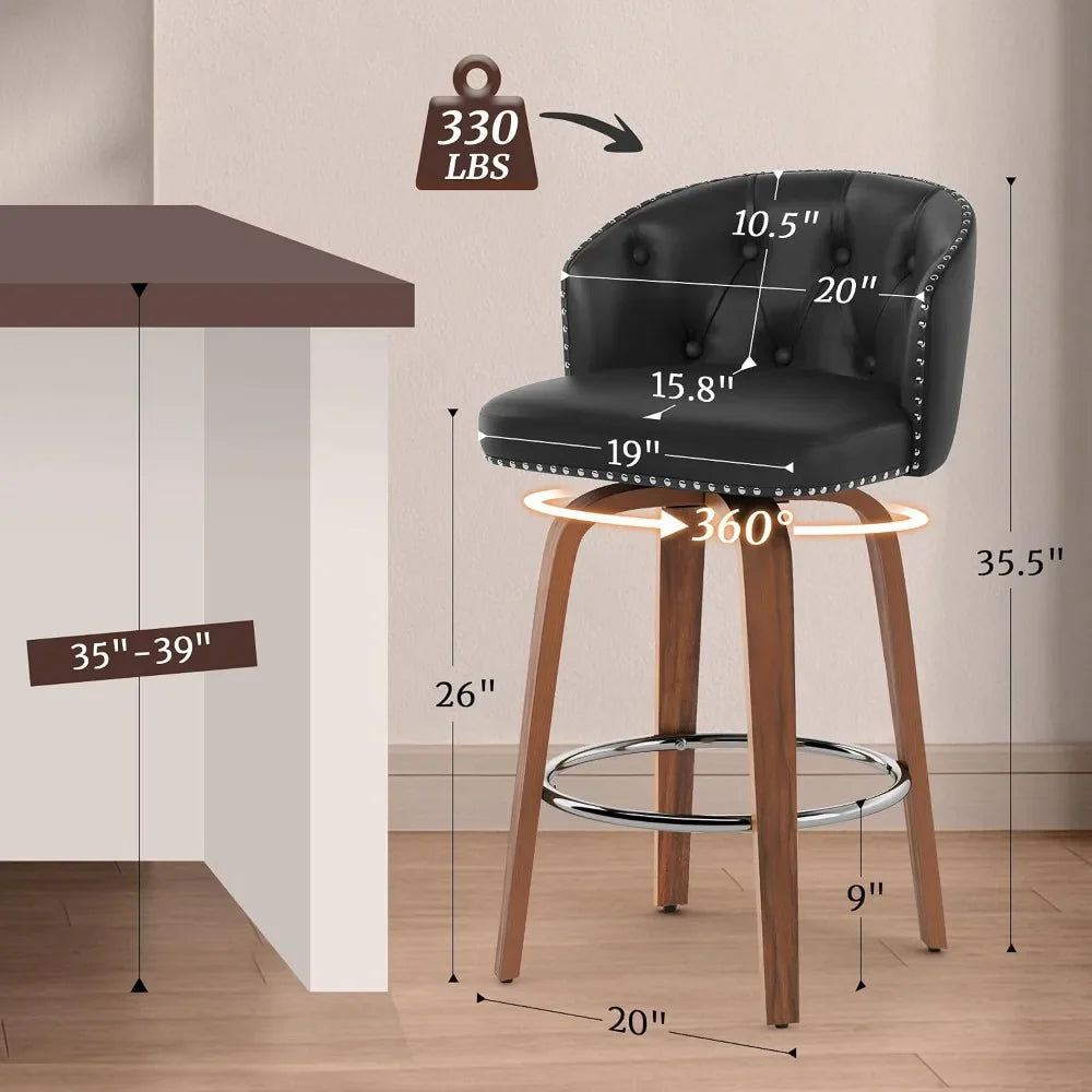 Wood Swivel Bar Stools Set With Faux Leather Upholstery