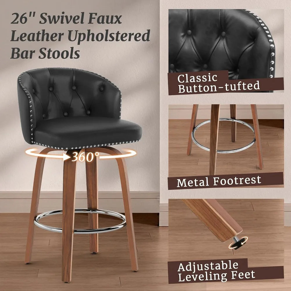 Wood Swivel Bar Stools Set With Faux Leather Upholstery