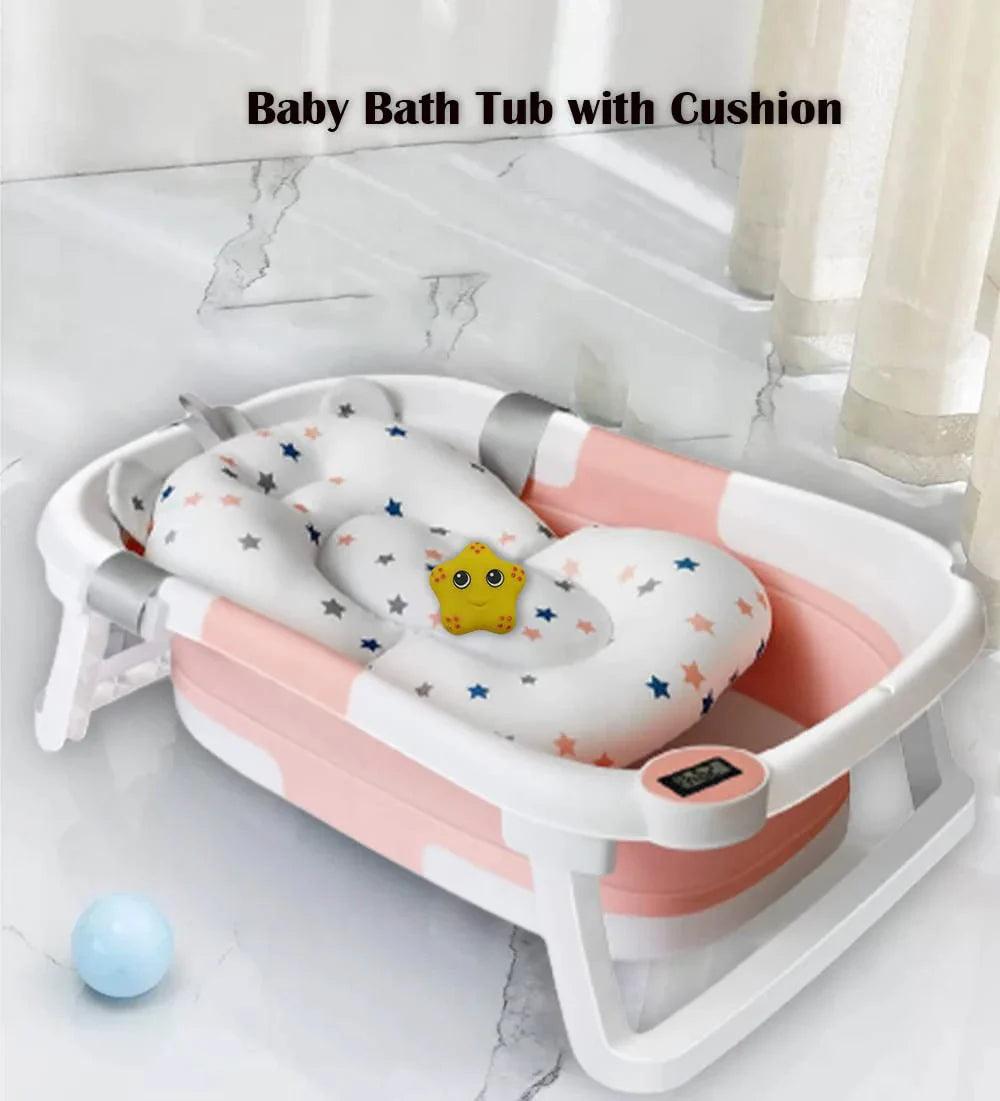 Foldable Baby Bath Tub With Cushion Thermometer Non Slip