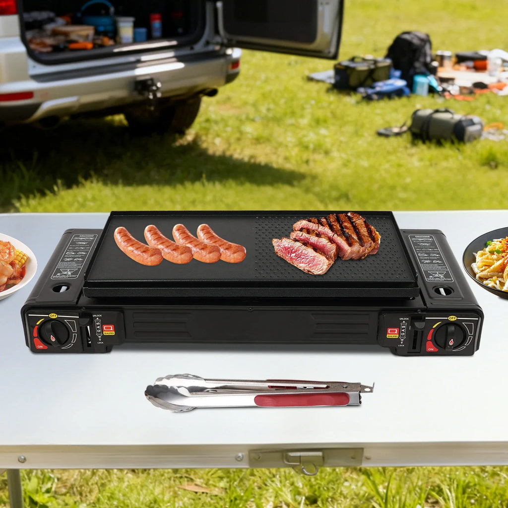 2 Burner Stove With Piezo Ignition Baking Tray Carrying Case