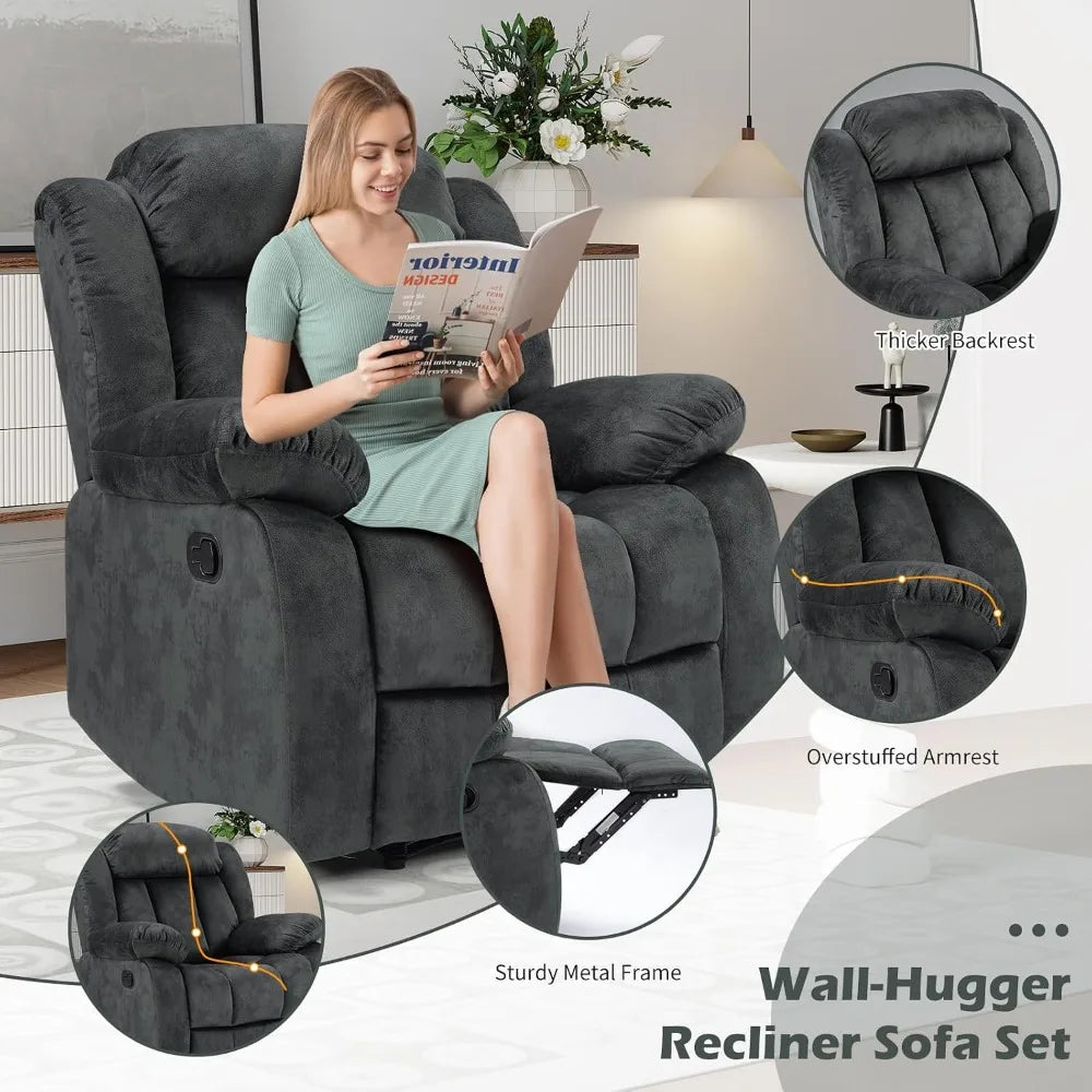 Manual Recliner Chair with Padded Armrests and Overstuffed Back