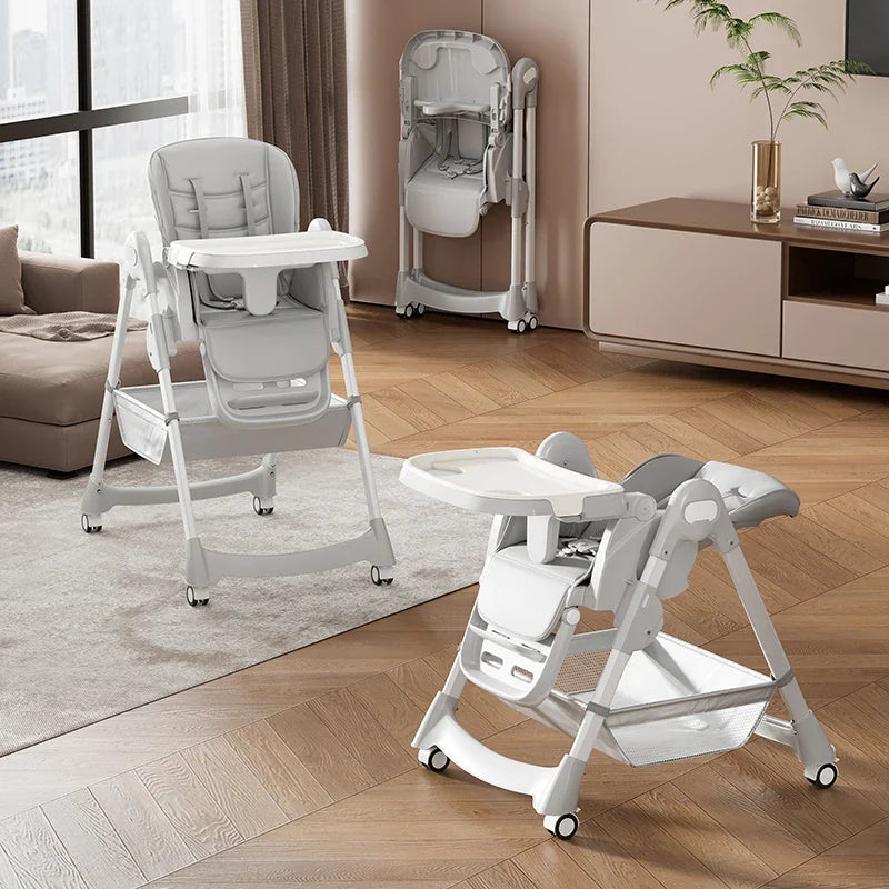 Foldable Baby High Chair With PU Leather And Adjustable Backrest